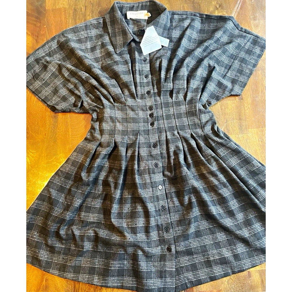 NWT Exquise Willow Plaid Mini Shirt Dress M Black Grey Rhinestone Pleated